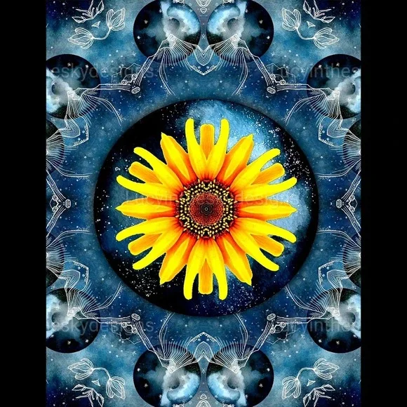 Art Print Blue Moon Sunflower Celestial Abstract Kaleidoscope Nature Universe - Picture 2 of 5